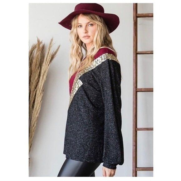 Colorblock Burgundy & Black Long Sleeve Top W/Gold Sequin Accent-NEW - Picture 5 of 8